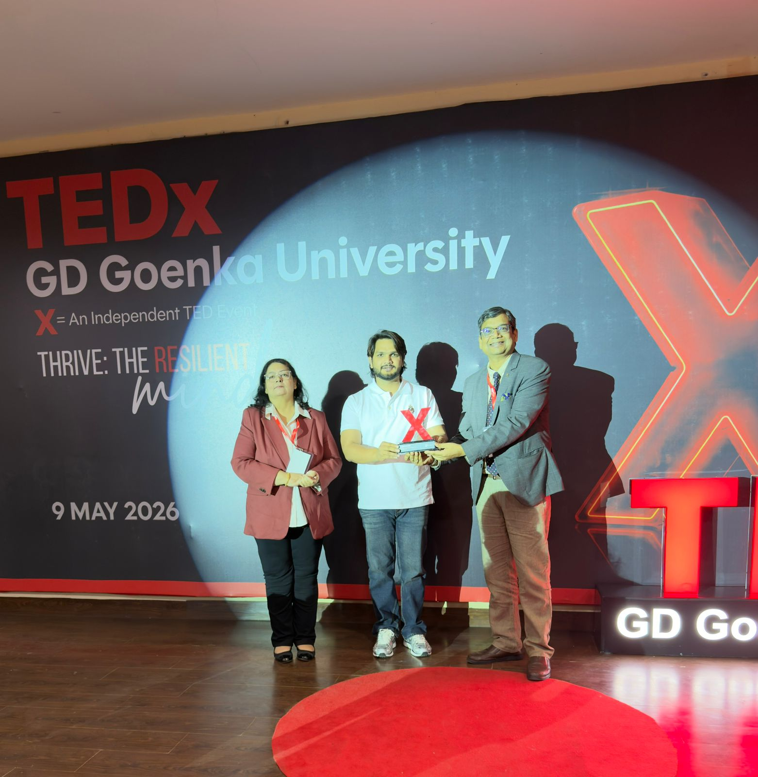 On the TEDx GD Goenka stage — 9 May 2026.